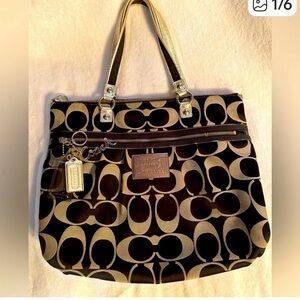 Coach Black and Khaki Signature Jacquard Tote with Gold Accents